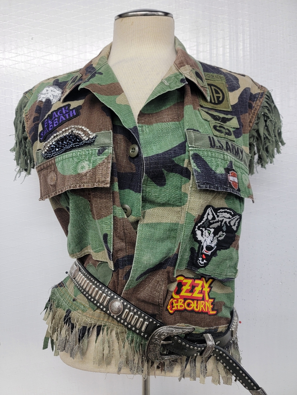 US Army Fringe  Ozzy Vest Rock Patches  Harley Davidson Upcycled